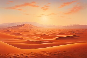 A vast desert scene at sunset, with vibrant orange and red hues painting the sky and sand dunes stretching into the horizon, Neo-realism landscape, high resolution,