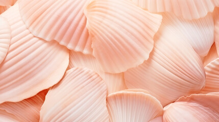A close up of a bunch of white shells. Monochrome peach fuzz background. - obrazy, fototapety, plakaty