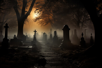 Creepy graveyard at midnight. Generative AI