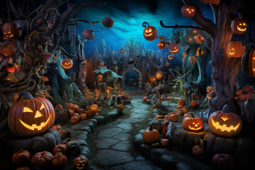 Obraz premium Halloween decorated street with squash and carved pumpkins. Generative AI