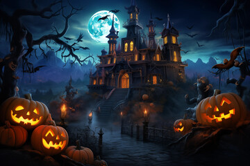 Fototapeta na wymiar Spooky haunted castle on misty hill under full moon. Generative AI