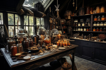 Atmospheric creepy medieval witch kitchen spooky interior. Generative AI