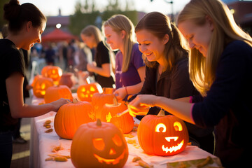 Happy people taking part in great Halloween carving contest. Generative AI