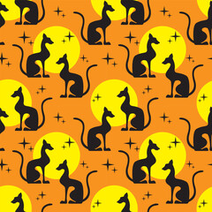 Two black egyptian cats shape silhouette sitting. Colorful sun background. Vector illustration. Seamless pattern.