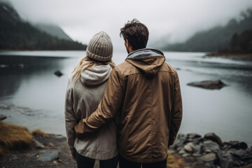 A couple stands together overlooking a tranquil lake, engrossed in the serene beauty of a misty, mountainous landscape.