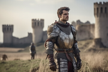 Armored knight standing over medieval castle on background. Generative AI - obrazy, fototapety, plakaty