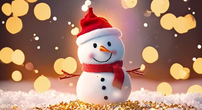 snowman with blank banner, Golden confetti falling. Happy New Year. Merry Christmas animated greeting card