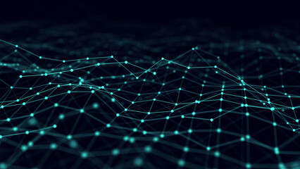 Abstract network connection wavy style. Cyber technology plane backdrop. Digital concept background or wallpaper. Big data visualization. 3D rendering.