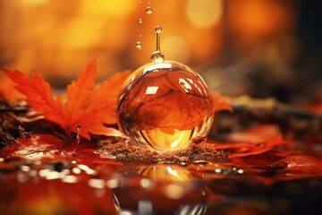 Close-up of a water drop mirroring an autumn forest, with leaves in warm oranges and reds in a fluid, hyper-realistic,