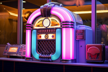 Classic juke box music box for choosing song composition in retro cafe. Generative AI