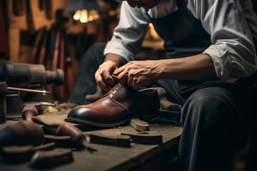 Hands of shoemaker repairing shoes in workshop. Generative AI
