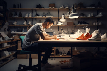 Young man designer making exclusive modern sneakers shoes. Generative AI
