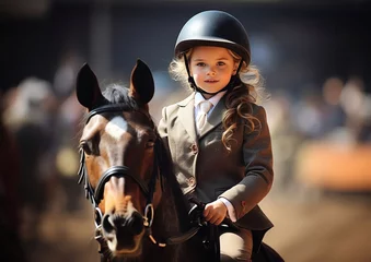 Tuinposter Cute little equestrian girl wearing large helmet and riding horse on equestrian arena.Macro.AI Generative. © DenisMArt