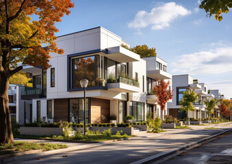Naklejka premium Modern neighborhood with luxury modular townhouses with minimalist exterior in on summer day.Macro.AI Generative.