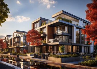 Obraz premium Modern neighborhood with luxury modular townhouses with minimalist exterior in on summer day.Macro.AI Generative.