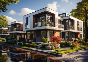 Modern neighborhood with luxury modular townhouses with minimalist exterior in on summer day.Macro.AI Generative.