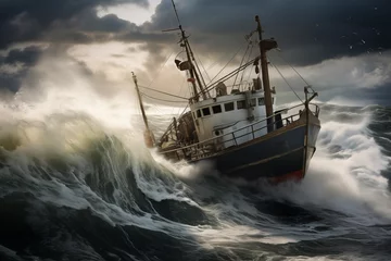 Foto op Canvas Vintage trawler ship catching strong sea storm floating in waves. Generative AI © Nomad_Soul