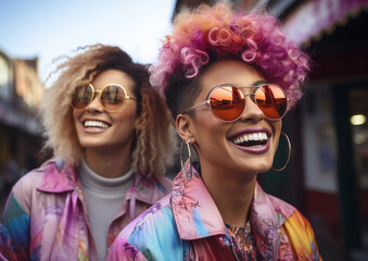 Happy wild young smiling lesbian couple with pink curly hair from LGBT community.Macro.AI Generative.