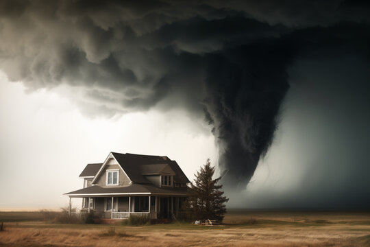 Countryside house in field with tornado on background. Generative AI