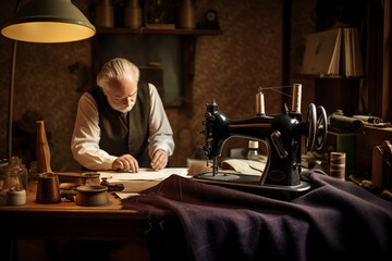 Handsome mature male tailor sewing on machine. Generative AI