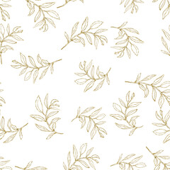 Greenery golden line art leaves, hand drawn simple floral seamless pattern, pastel color. Vector background for prints, textile fabric, wallpapers,scrapbook, wrapping paper