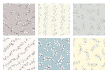 Greenery line art leaves, hand drawn simple floral seamless pattern set, pastel color. Vector background for prints, textile fabric, wallpapers,scrapbook, wrapping paper.