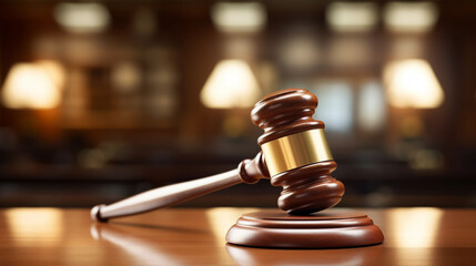 copy space, stockphoto, close up on the gavel with courroom in the background. Juridic theme mockup. Focus on a gavel lying on a wooden desk in a courtroom.