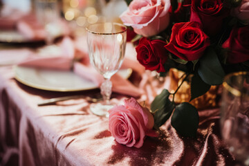 An elegant table setting with pink and red roses, fine china, and a crystal glass, creating a romantic and luxurious dining atmosphere.