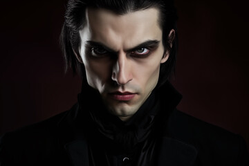 Obraz premium Portrait of handsome vampire man in elegant suit. Generative AI