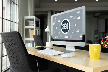 SEO search engine optimization for modish e-commerce and online retail business showing on computer...