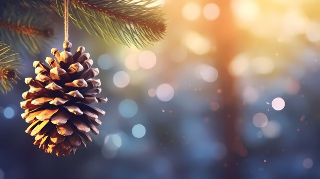 a pine cone hanging from a branch of a pine tree with blurry boke of lights in the background