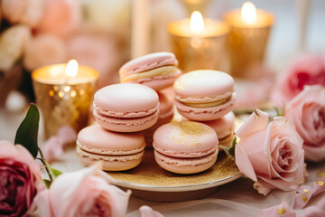 Obraz na płótnie Canvas Pink macarons elegantly displayed on a gold plate, accompanied by candles and roses, creating a romantic and indulgent dessert setting.