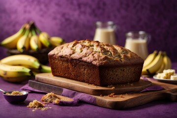 Banana bread on the table on purple background, banana cake with nuts, Banana cake with almonds, bread and banana, bread with banana, Banana muffins, homemade banana pie, banana bread with raisins