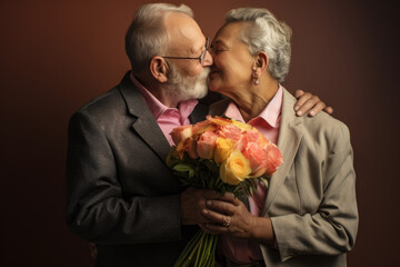 Happy senior couple with flowers kissing. - obrazy, fototapety, plakaty