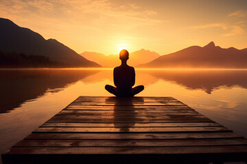 Silhouette of person meditating outdoors at sunset.