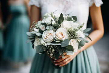 A bridal bouquet of white roses and greenery held by a bride with a bridesmaid in teal in the background. - obrazy, fototapety, plakaty
