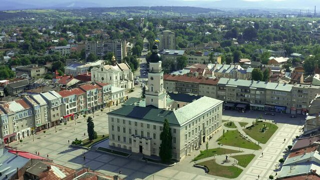 City center of Drohobych, Ukraine. Aerial photography of the city hall in the historical and cultural center of Drohobych, panoramic view of the city.