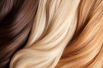 Naklejka premium Set of different long shiny hair color. Hair texture background. Generative AI