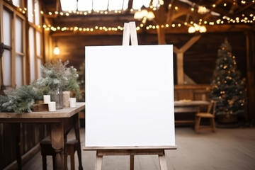 Wooden blank white easel mockup. Board for wedding inscription. Generative AI - obrazy, fototapety, plakaty