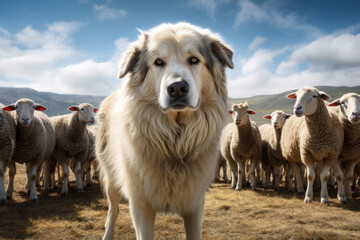 Shepherd dog guarding and leading the sheep flock on a summer day. Generative AI