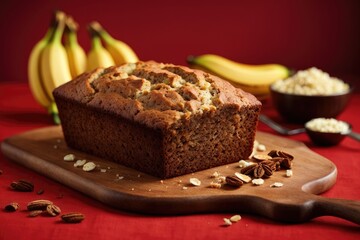Fototapeta na wymiar Banana bread on the table on red background, Banana cake with nuts and raisins, bread and banana, cake with chocolate and banana, chocolate cake with nuts and banana, banana cake with nuts and raisins