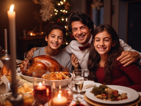 Fam&iacute;lia composta por pai e filhos, um menino e uma menina, celebrando a ceia de natal em casa, comendo um peru assado. Decora&ccedil;&atilde;o natalina ao fundo