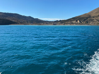 Panoramic view from the ferry on the island of Gokceada at Kuzulimani harbour, Canakkale, Turkey