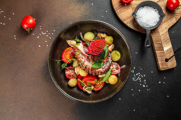Mediterranean octopus salad with potatoes and tomatoes, on a dark background. top view. copy space...