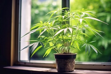 A cannabis plant grows in a pot in front of a window in a room