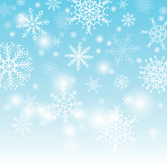 Christmas blue background with falling snow and snowflakes, magical winter sky with snowfall, fantasy shining snowy backdrop, vector illustration.