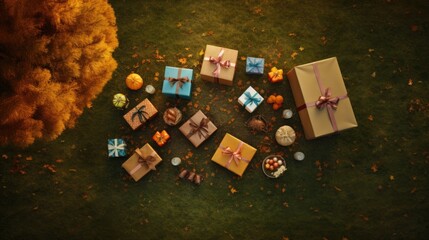 autumn leaves background with gifts