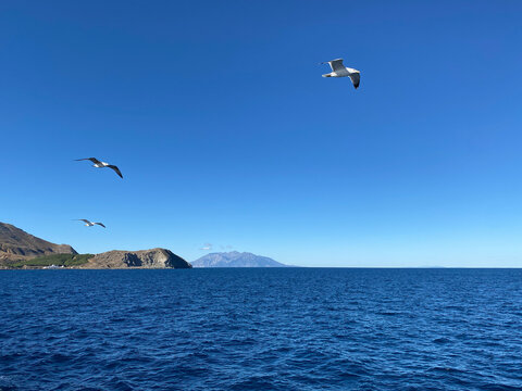 Panoramic View of the Greek island Samothrace from the ship deck on Gok&ccedil;eada sea with seagulls on sky in Turkey. In this frame, two islands appear side by side.