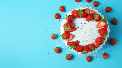 strawberries cake on a plate and blue background
