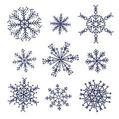 Dark Blue snowflake icons collection isolated on white background. New year design elements, frozen symbol, Vector illustration. For design.